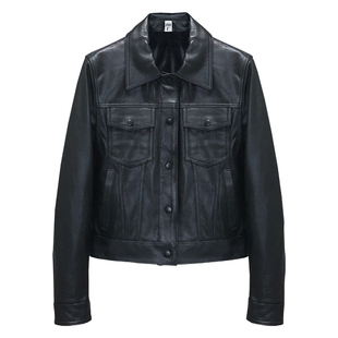 头层绵羊真皮皮衣女修身短款青年翻领休闲牛仔夹克多口袋外套井