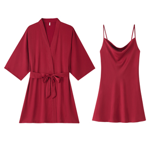 晨袍女新娘吊带冰丝绸睡衣睡袍睡裙红色夏季本命年结婚春秋家居服