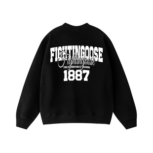 FIGHTINGOOSE美式高街复古字母印花圆领卫衣男国潮重磅黑色上衣
