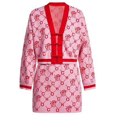 【季末折扣】欧时力 新中式针织套装图案外套配半裙高级秋冬尖货