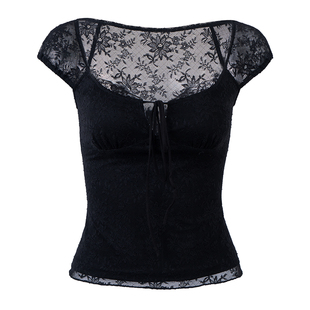 PynkiSwear 黑色/白色大方领系带镂空修身T恤女蕾丝拼接短上衣夏