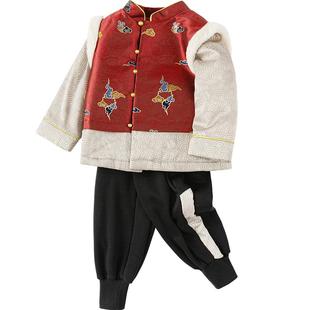 巴拉巴拉童装男童套装女童加绒冬装国风中式儿童假两件红色拜年服