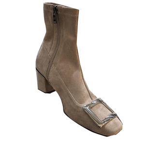 现韩国女鞋22秋欧美气质金属方扣绒面显瘦拼接侧拉链方跟弹力短靴