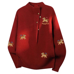 查尔斯桃心半高领印花毛衣男女冬季马年新款宽松休闲慵懒针织衫潮