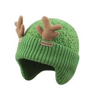 韩国新款可爱鹿角毛线帽子女秋冬加绒加厚绿色针织帽保暖护耳冷帽