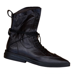 【彩物】伯克街道2025秋冬新款系带平底马丁靴牛皮尖头复古短靴女