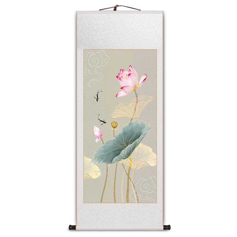 粉色荷花卷轴挂画客厅装饰画