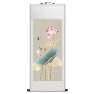 粉色荷花玄关画新中式客厅装饰画禅意茶室壁画卷轴挂画中国风国画