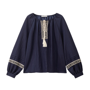 设计师款佐丹奴2026年春撞色织花绑带宽松圆领长袖衬衫女18345520