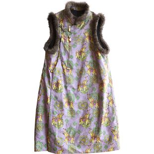 云澍原创交织香云纱新中式复古国风水貂毛立领加棉马甲连衣裙冬季