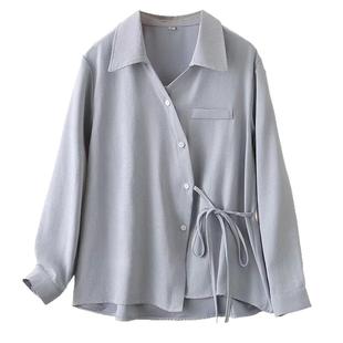 宛宛大码女装设计感港风不规则收腰秋季新款胖mm遮肉显瘦衬衫上衣