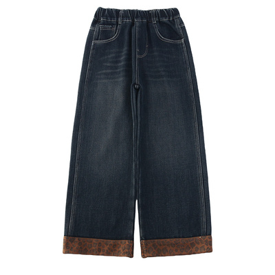 女童加绒裤子秋冬季直筒牛仔裤