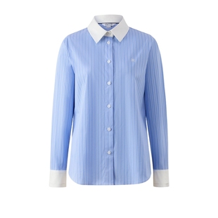 PRICH时尚复古撞色蓝白条纹长袖衬衫秋季新款气质通勤上衣女