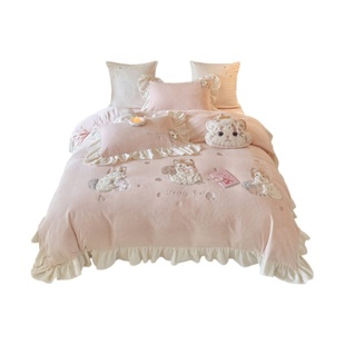 冬季卡通少女猫咪加厚牛奶绒四件套珊瑚绒被套床单公主风床上用品