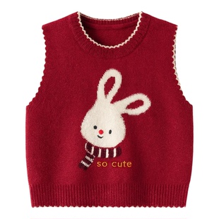 女童马甲宝宝毛衣加厚加绒针织小背心秋冬儿童保暖毛线女孩红色新