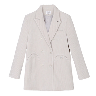 白色灯芯绒西装外套女秋冬复古条绒保暖宽松高级感廓形正肩小西服