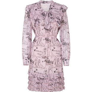 XG雪歌桑蚕丝满版印花连衣裙时尚秋季新款飘带拼接长袖A字短裙女