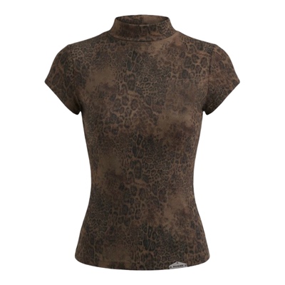 复古辣妹风高领短袖修身豹纹T恤