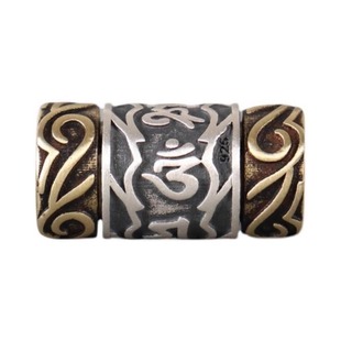 925银镶嵌黄铜六字真言桶珠大孔道藏式文玩配珠手串手链顶珠腰珠