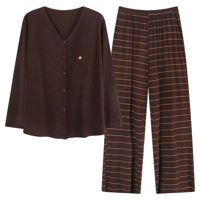 粉兔良品 女款 睡衣春秋季100纯棉无印长袖自带胸垫家居服防凸点