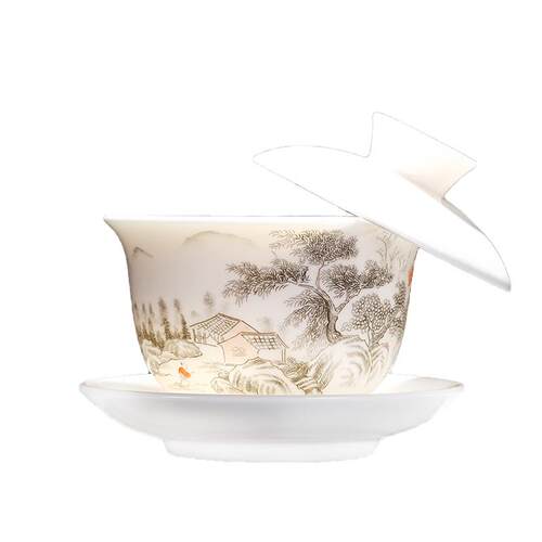 可悬停旋转盖碗茶杯茶具单个高档羊脂玉三才带盖子茶碗泡茶手抓壶