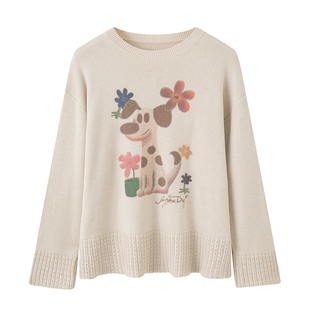 DIDDIMODA 心花怒放小狗刺绣下摆镂空宽松套头针织毛衣秋冬女