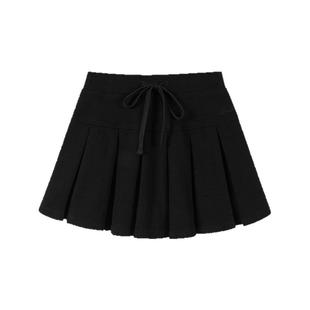 June黑色网球百褶半身裙女春夏2025新款学院风短款针织a字裙子