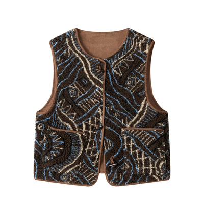 复古皮毛一体牛角扣摇粒绒马甲外套女秋冬费尔岛外穿保暖坎肩上衣