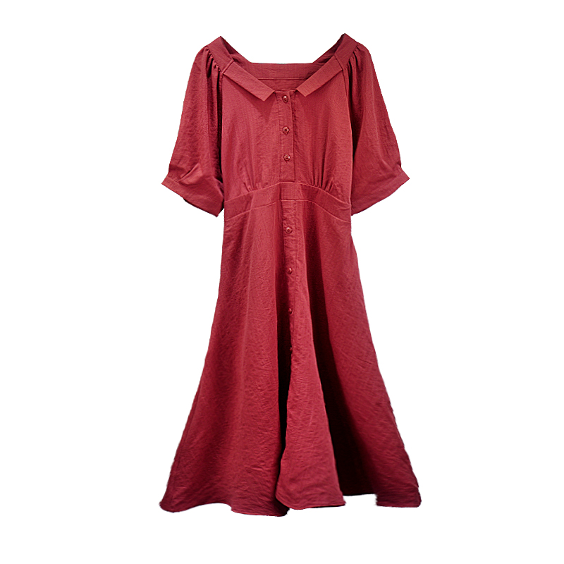 维多利亚法式复古茶歇裙显白红色短袖气质连衣裙少女过膝裙子夏季