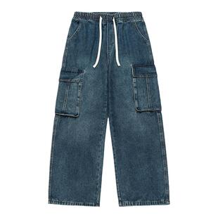 GOGOSOON工装牛仔裤男新款2025春秋松紧腰直筒宽松美式抽绳青少年