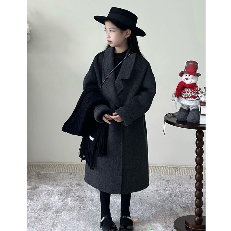 韩版女童2025秋冬新款深灰色气质翻领呢大衣儿童高级感双排扣外套