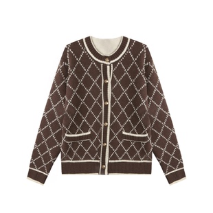 柏林画刊 主推!G家菱格棕色针织开衫慵懒毛衣外套小众设计感气质