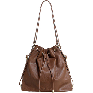 TOUTOU棕色抽绳水桶包轻便大容量托特包通勤百搭腋下包单双肩包女