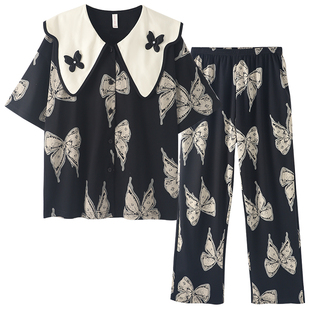 睡衣女夏季纯棉布料100全棉短袖长裤家居服2025新款娃娃领可外穿