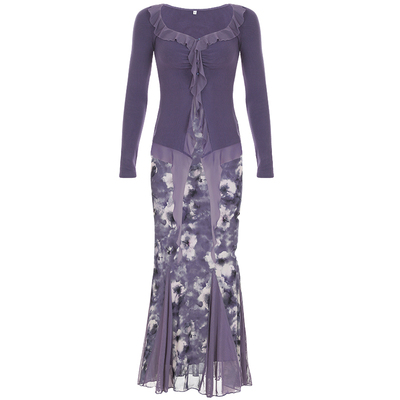 SWEETOWN紫罗兰#新中式复古套装荷叶边方领上衣包臀鱼尾花卉长裙