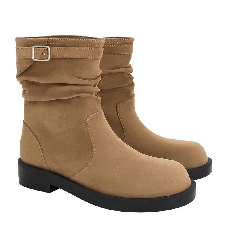 CHARLES&KEITH秋季女靴CK1-90580208复古圆头平底褶皱短靴堆堆靴