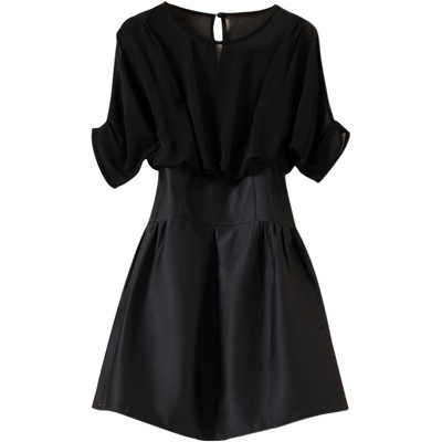 欧美2026夏季新款女装 气质简约宽松小黑裙收腰A字显瘦短袖连衣裙