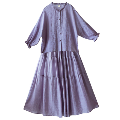 夏季套装女新款气质紫色苎麻小衫