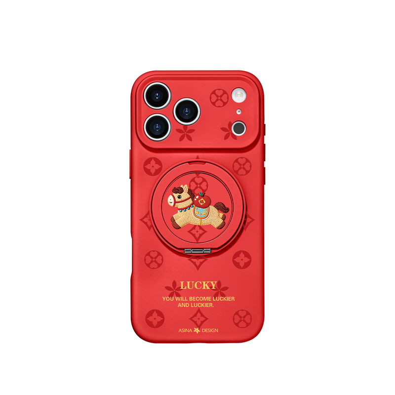 福气小马适用iPhone17Promax手机壳新款苹果16Pro磁吸带支架套Bo3液态硅胶支点ip15高级感新年红色13pm全包