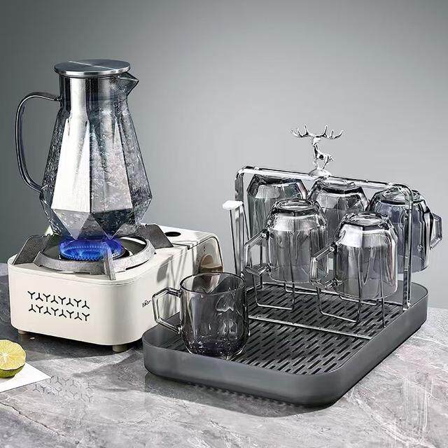 新【带杯托杯架】冷水壶钻石水壶玻璃水杯家用套装客厅凉水壶耐高