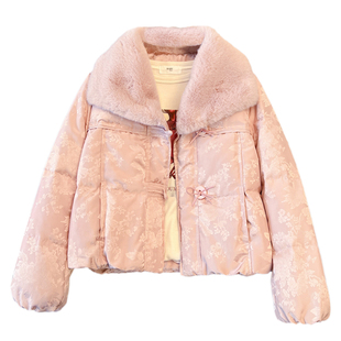 新中式国风白色羊羔毛翻领提花羽绒服轻奢高级感女2025冬装厚外套