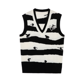 H·GENTEEL荷高新款冬装女V领条纹宽松羊毛针织衫背心马甲