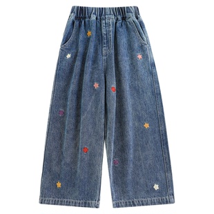 幼悠女童缤纷花朵刺绣牛仔裤2026春秋儿童元气可爱宽松直筒裤子潮