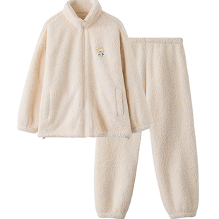 红豆羊羔绒女加厚睡衣抗静电秋冬季保暖可外穿拉链立领家居服套装