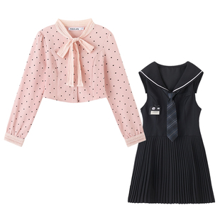 织物猪 黑粉学院 波点衬衫连衣裙女夏海军领飘带百褶短裙套装