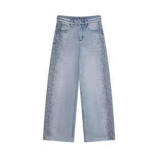 熙薇sivi牛仔裤女满天星烫钻加绒蓝色阔腿遮胯显瘦堆堆直筒长裤子