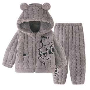 儿童睡衣珊瑚绒男童青少年冬季三层夹棉加绒加厚冬天款男孩家居服