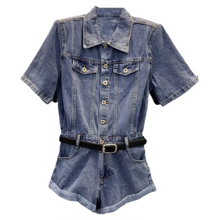 特价时髦高级牛仔连体短裤潮2025新款气质小个子短袖工装连体衣女