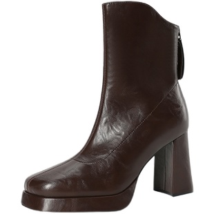 【跟高8CM】防水台厚底短靴粗跟棕色瘦瘦靴新款搭配阔腿裤高跟鞋