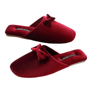 秋冬时尚蝴蝶结金丝绒家居情侣棉拖鞋室内地板牛筋底家用防滑拖鞋